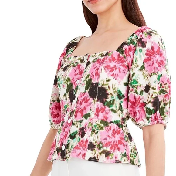 NWT BCBGMAXAZRIA Women's Fitted 3/4 Poof Sleeve Floral Front Button Peplum Top - Picture 2 of 8